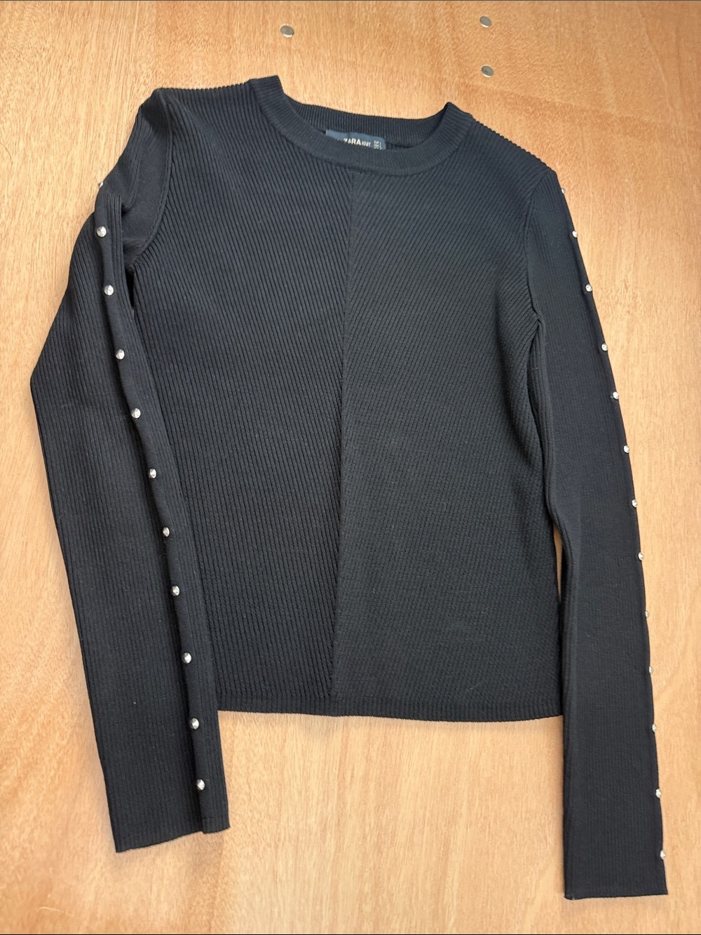 Silver Studded Ribbed Long-Sleeve Bodycon Sweater- Black